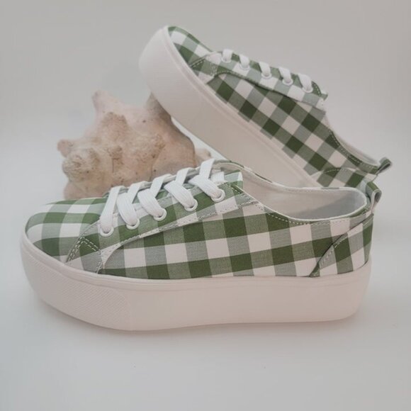 BUY ONE GET ONE FREE Soda Petal Lace up Platform Fashion Sneaker Khaki Gingham - Picture 7 of 7